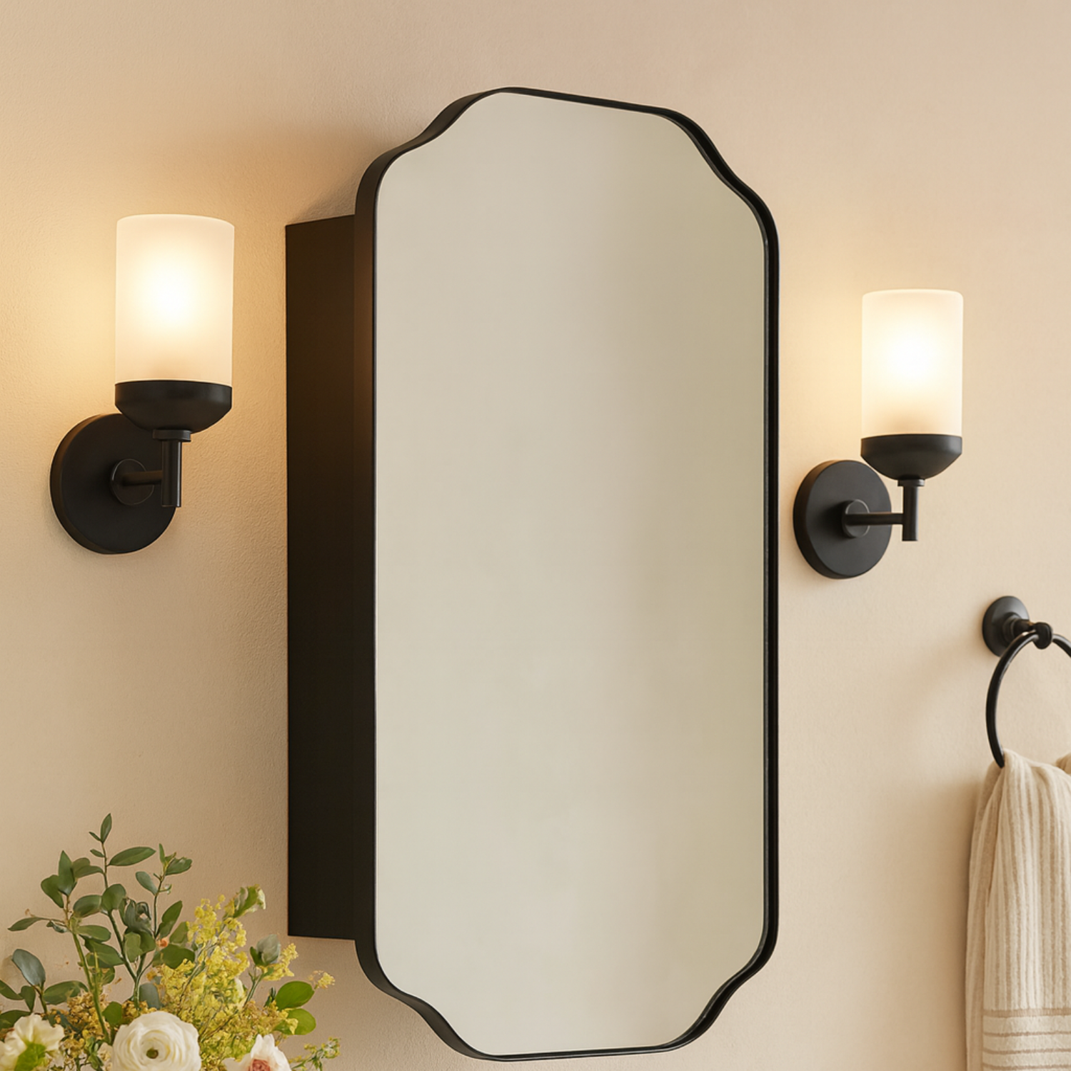Osterhus Modern Scalloped Recessed and Surface Mount Bathroom Medicine Cabinet with Mirrors, 18x29" in Black