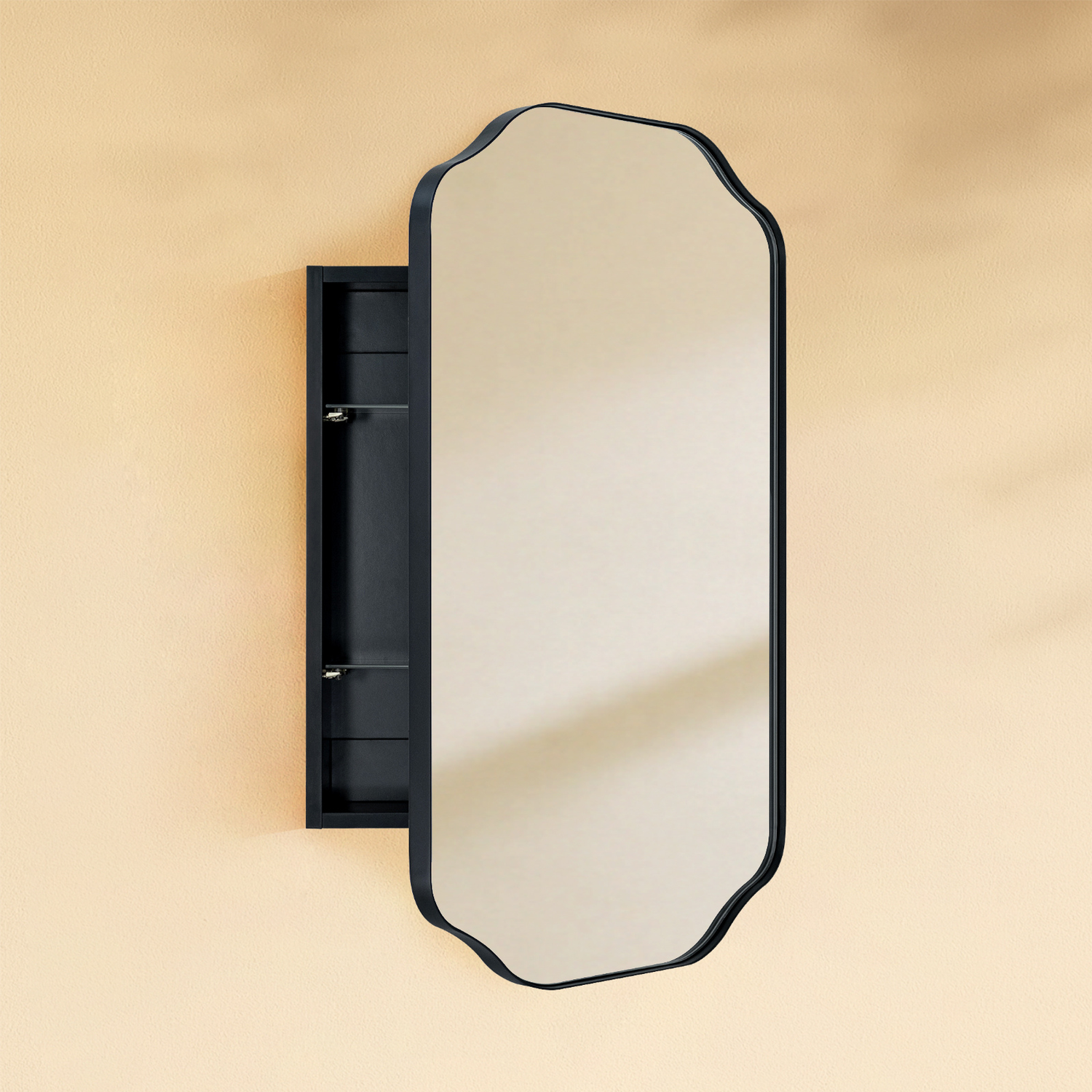 Osterhus Modern Scalloped Recessed and Surface Mount Bathroom Medicine Cabinet with Mirrors, 18x29" in Black