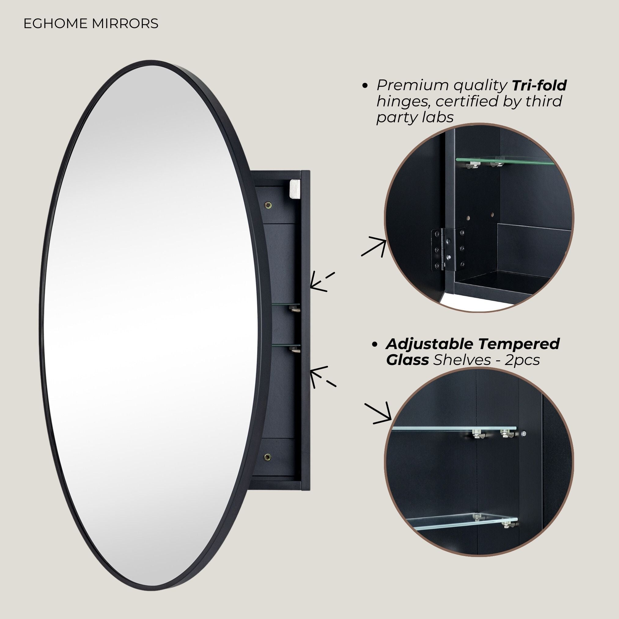 Surface Mounted Oval Medicine Cabinet with Mirror Black Metal Oval Bathroom Medicine Cabinet with Adjustable Glass Shelves, 20'' W x 30'' H