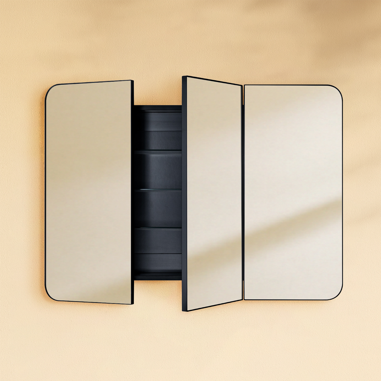 Ronelda Modern Rectangle Recessed and Surface Mount Bathroom Medicine Cabinet with Mirrors, Triple Door, 26x36" in Black