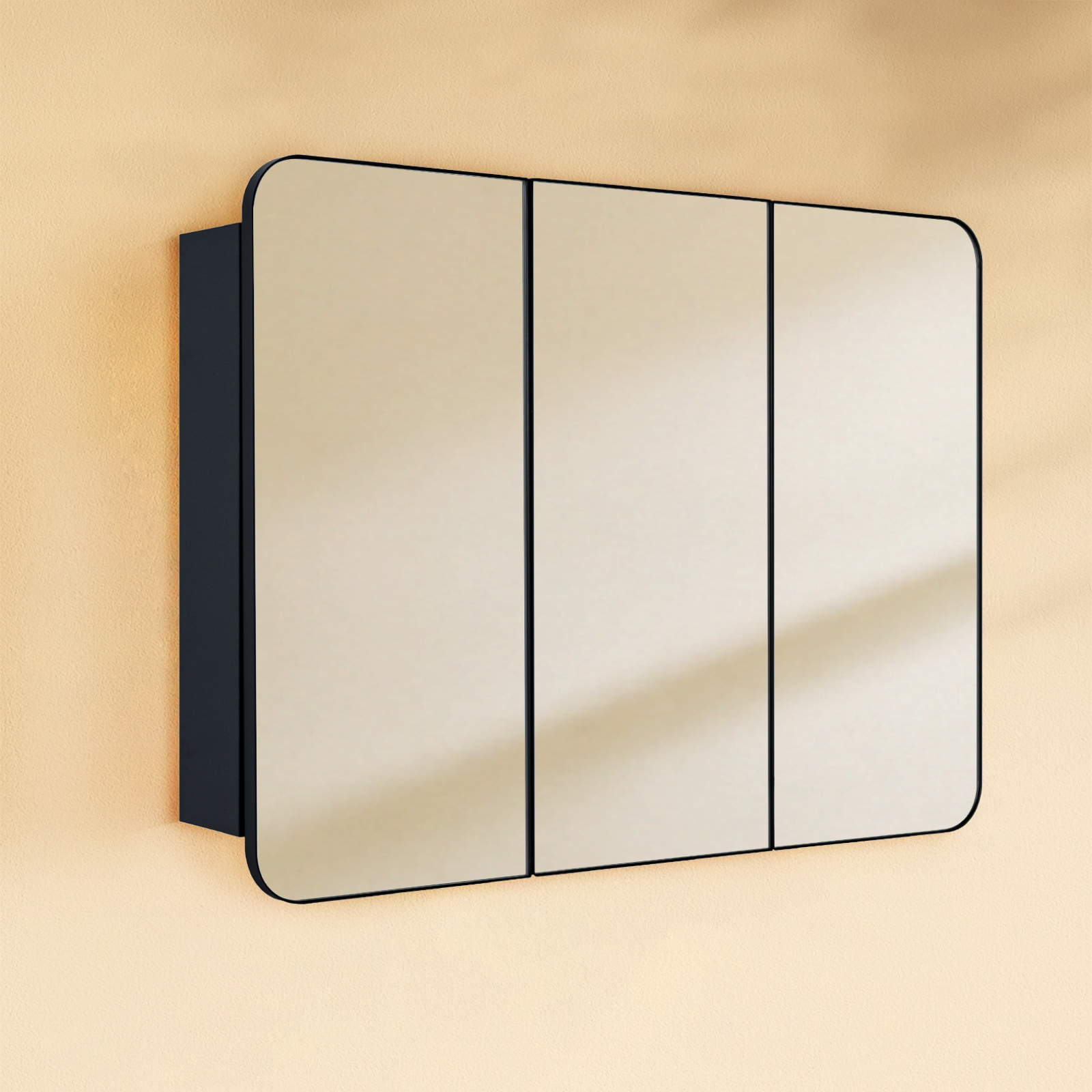 Ronelda Modern Rectangle Recessed and Surface Mount Bathroom Medicine Cabinet with Mirrors, Triple Door, 26x36" in Black