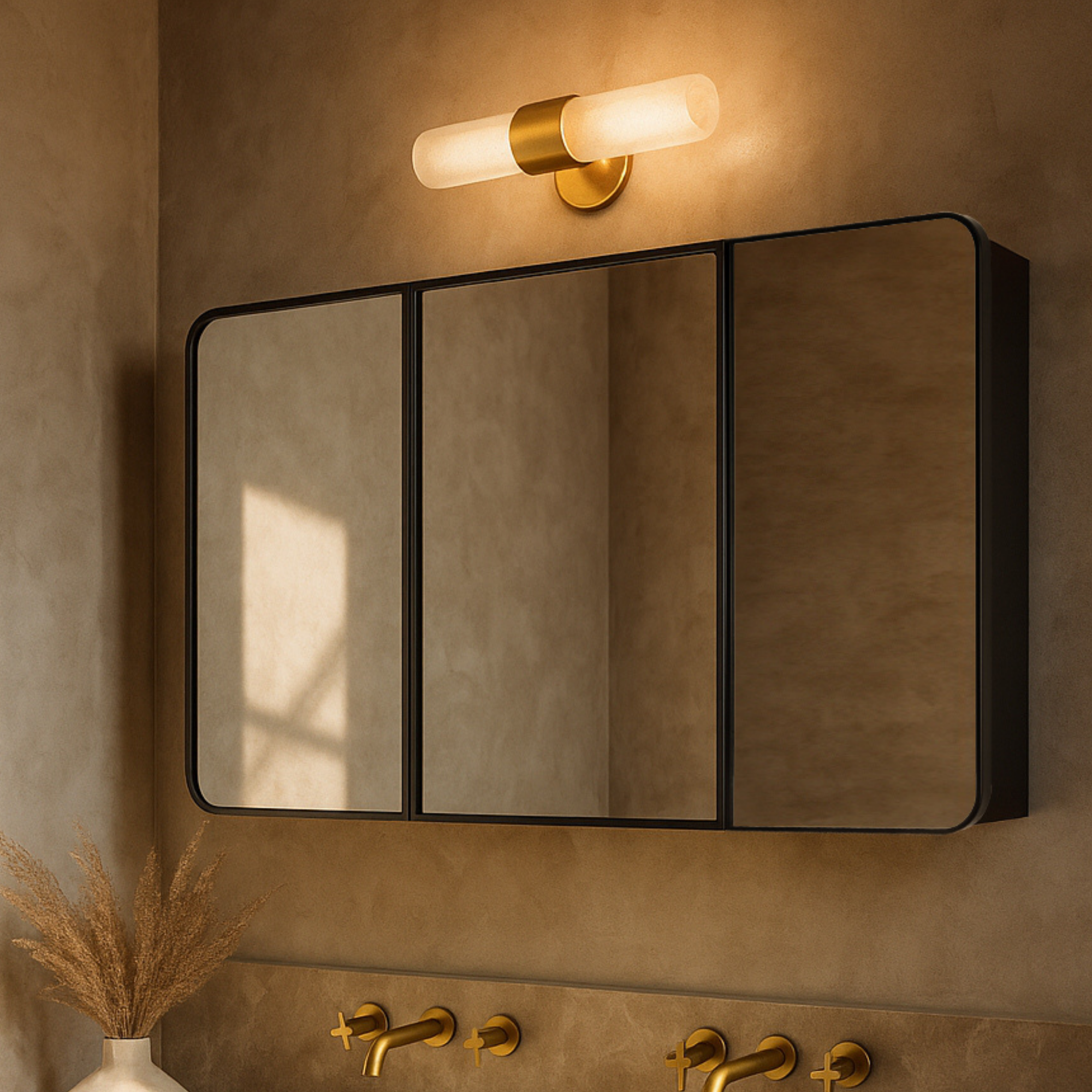 TEHOME Triple Door Bathroom Medicine Cabinet with Mirror,  Black Metal Frame, Soft Close, Adjustable Glass Shelves, Surface & Recessed Wall Mounted, Fully Assembled