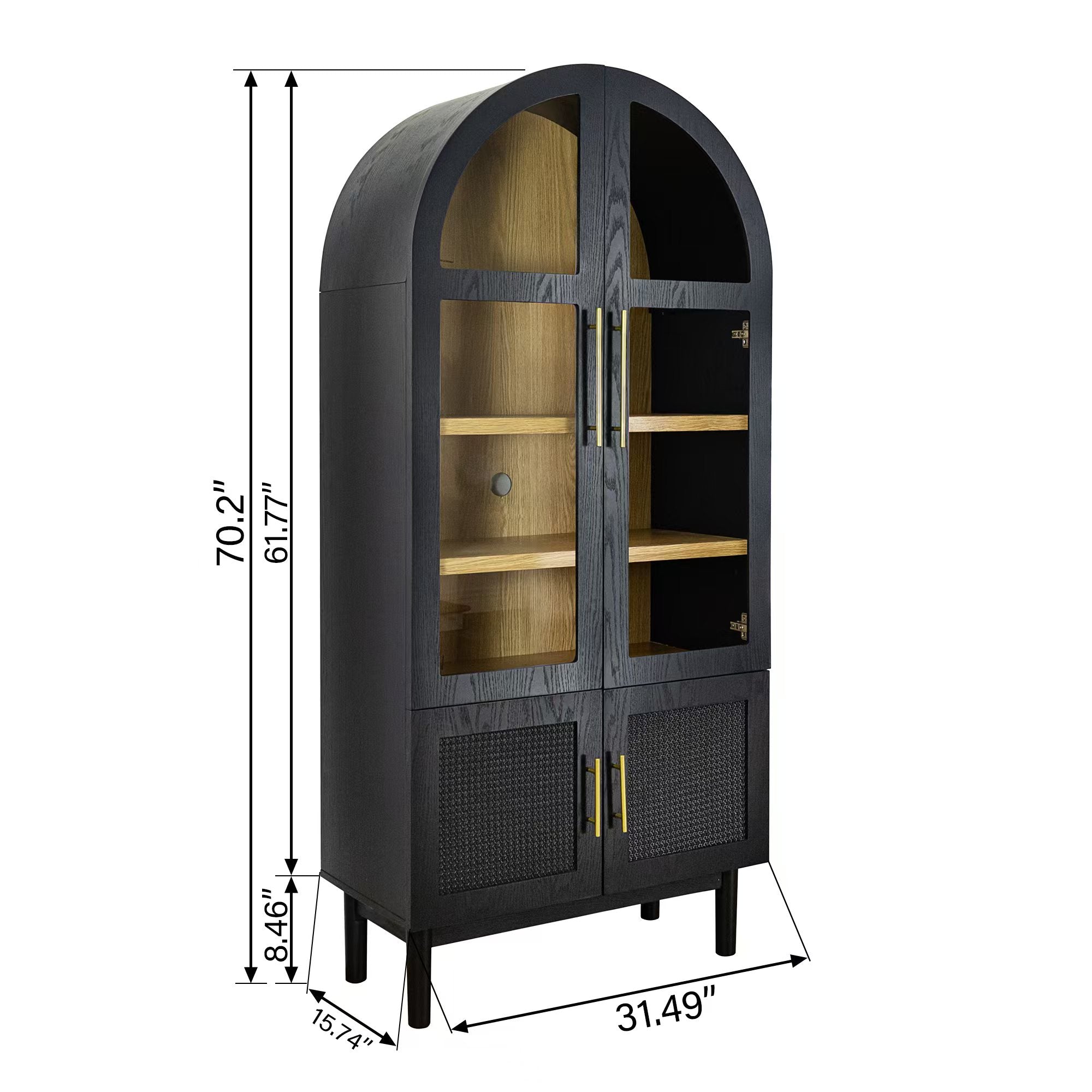 Arched Storage Display Cabinet with Tempered Glass Doors and Adjustable Shelves, Kitchen Pantry Cabinet, Arch Bookcase, Assembly Required