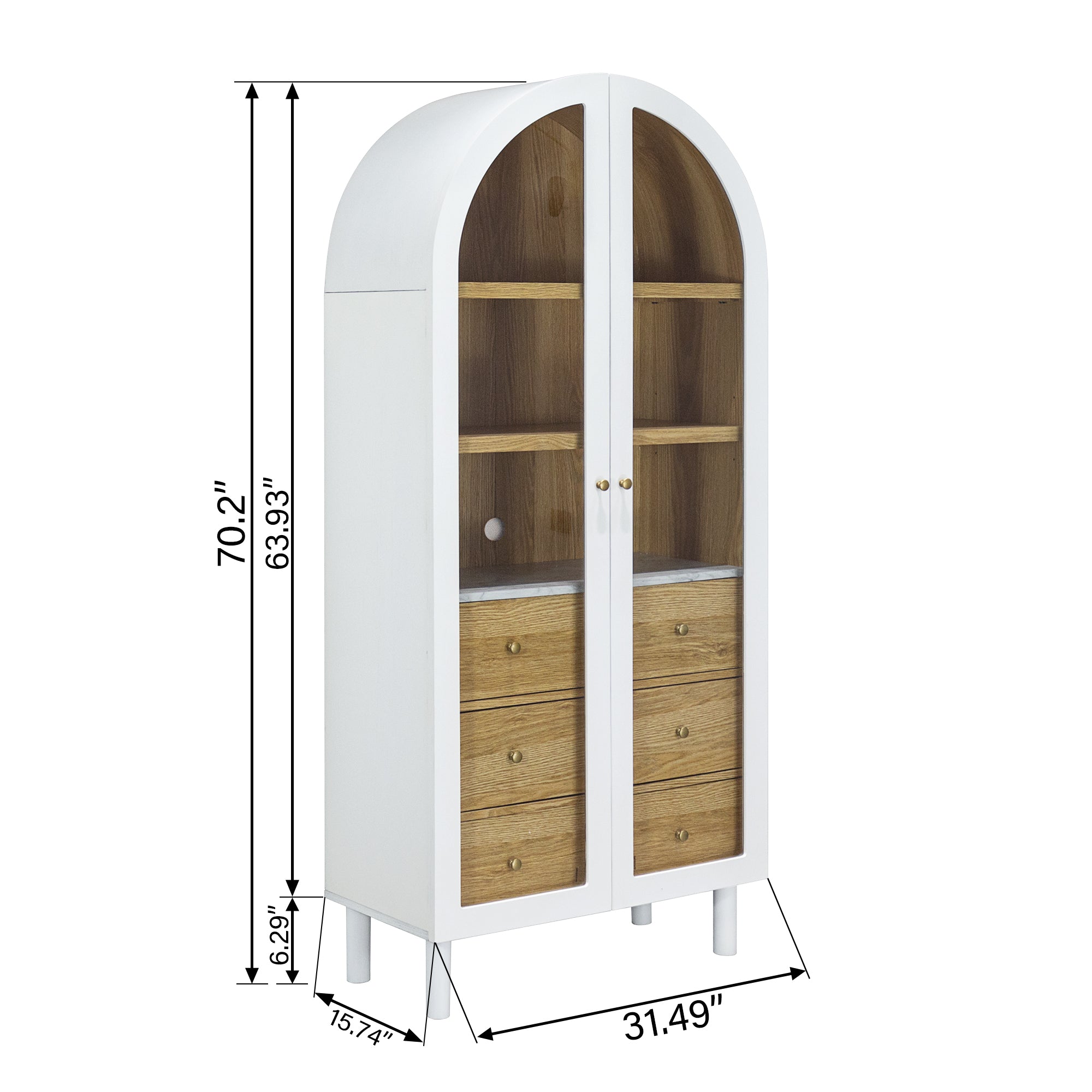 Arched Storage Display Cabinet with Tempered Glass Doors and Adjustable Shelves, Kitchen Pantry Cabinet, Arch Bookcase, Assembly Required