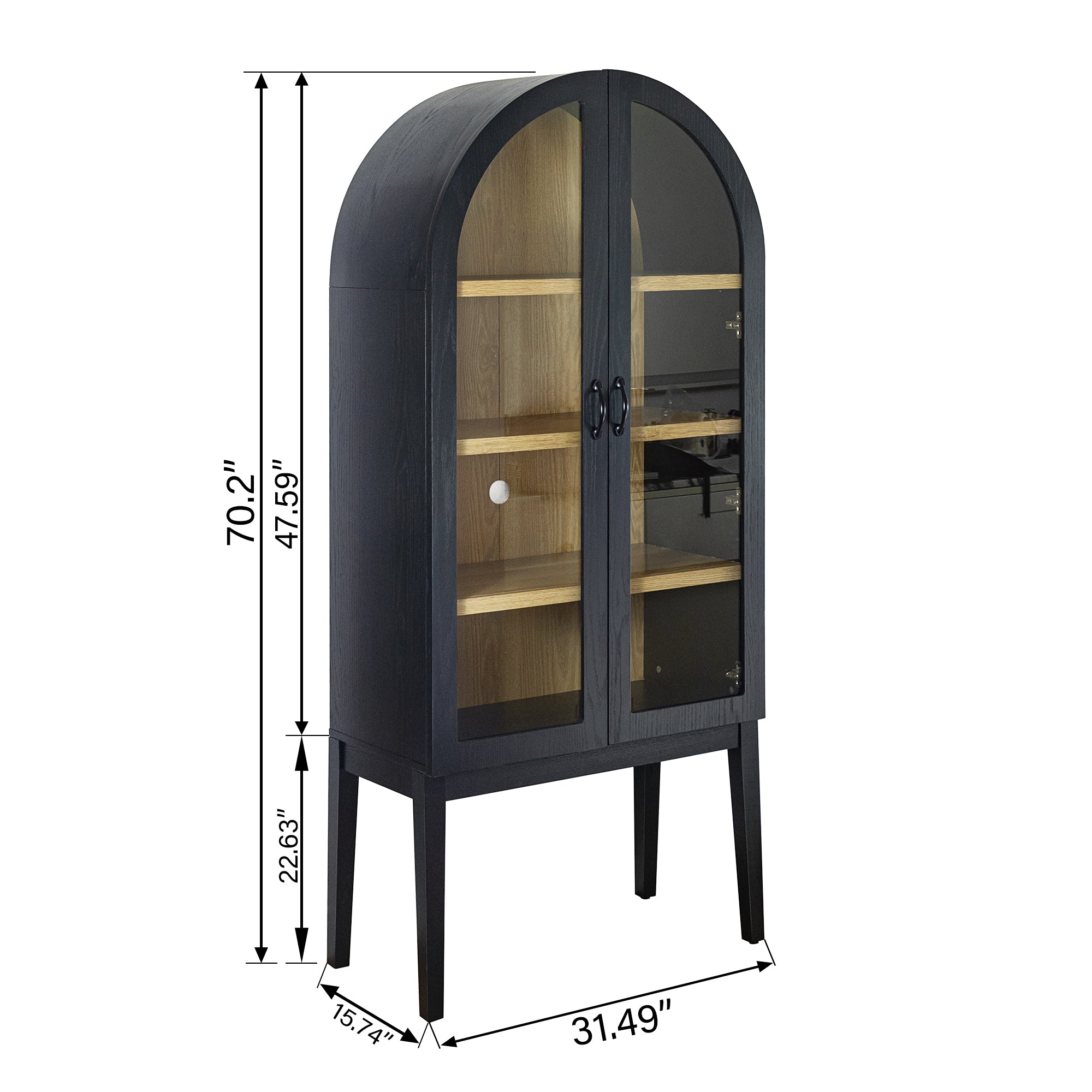 Arched Storage Display Cabinet with Tempered Glass Doors and Adjustable Shelves, Kitchen Pantry Cabinet, Arch Bookcase, Assembly Required