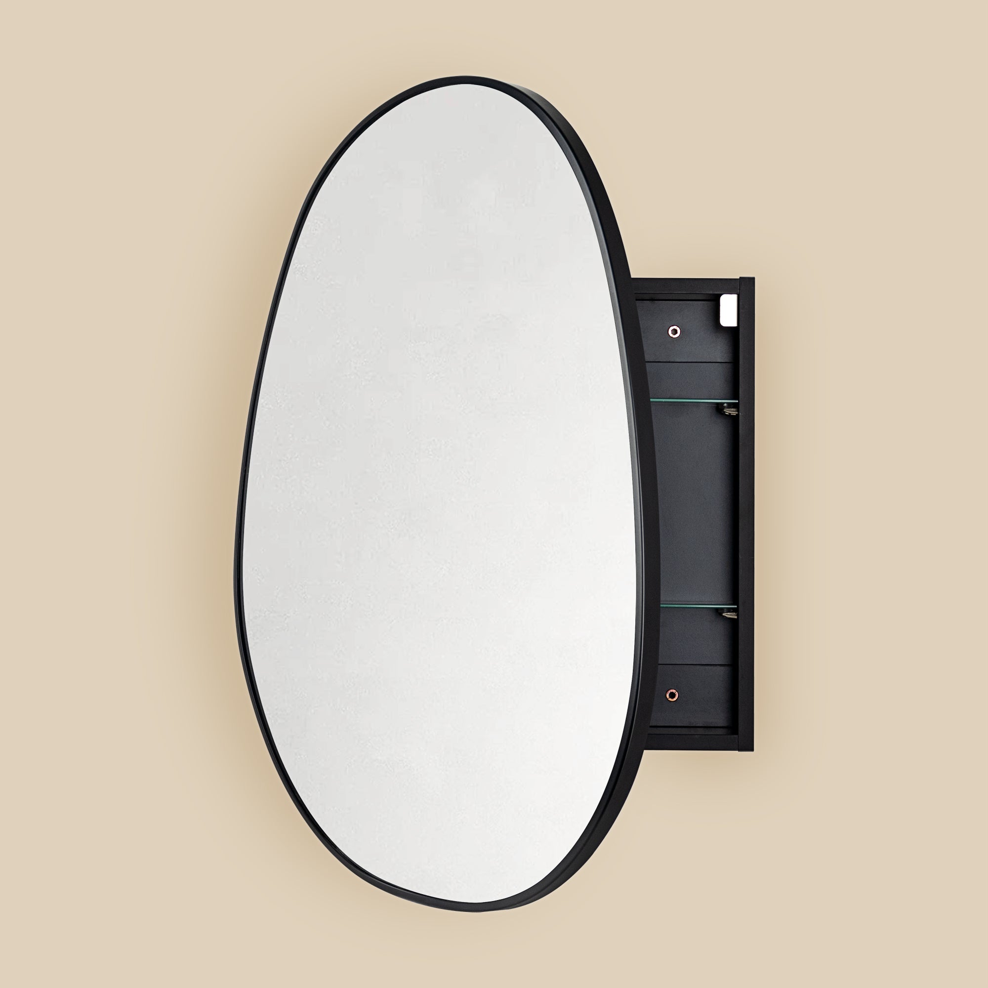 TEHOME Surface Mount Black Bathroom Medicine Cabinet with Mirror, Wall Mounted Irregular Asymmetrical Silvered Glass Mirror with Adjustable Tempered Glass Shelves, Fully Assembled