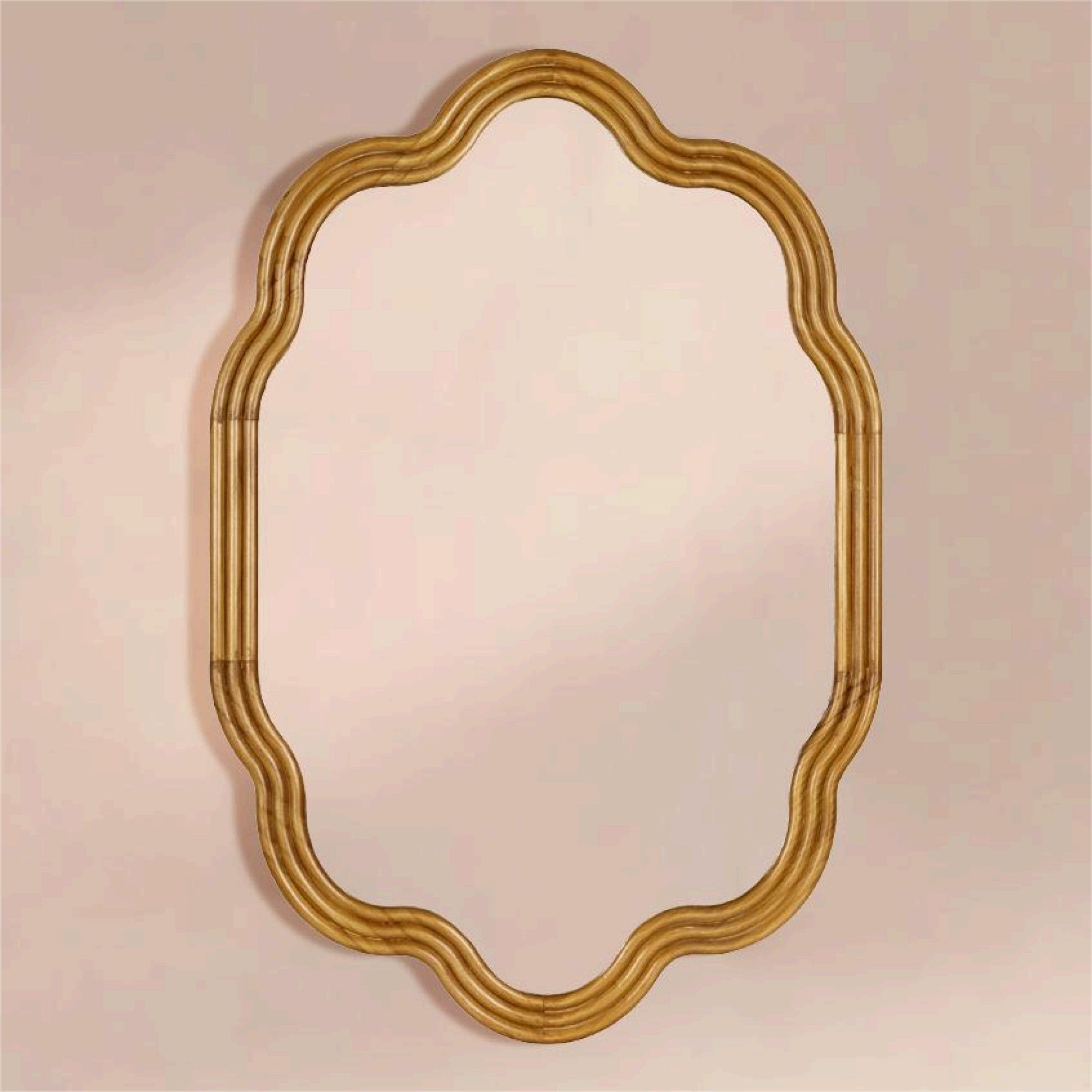 TEHOME 24''x36'' Irregular Wood Framed Mirror with Scalloped and Curvy Corners, Asymmetrical Natural Wood Bathroom Wall Mirror, Vertical/Horizontal Hanging