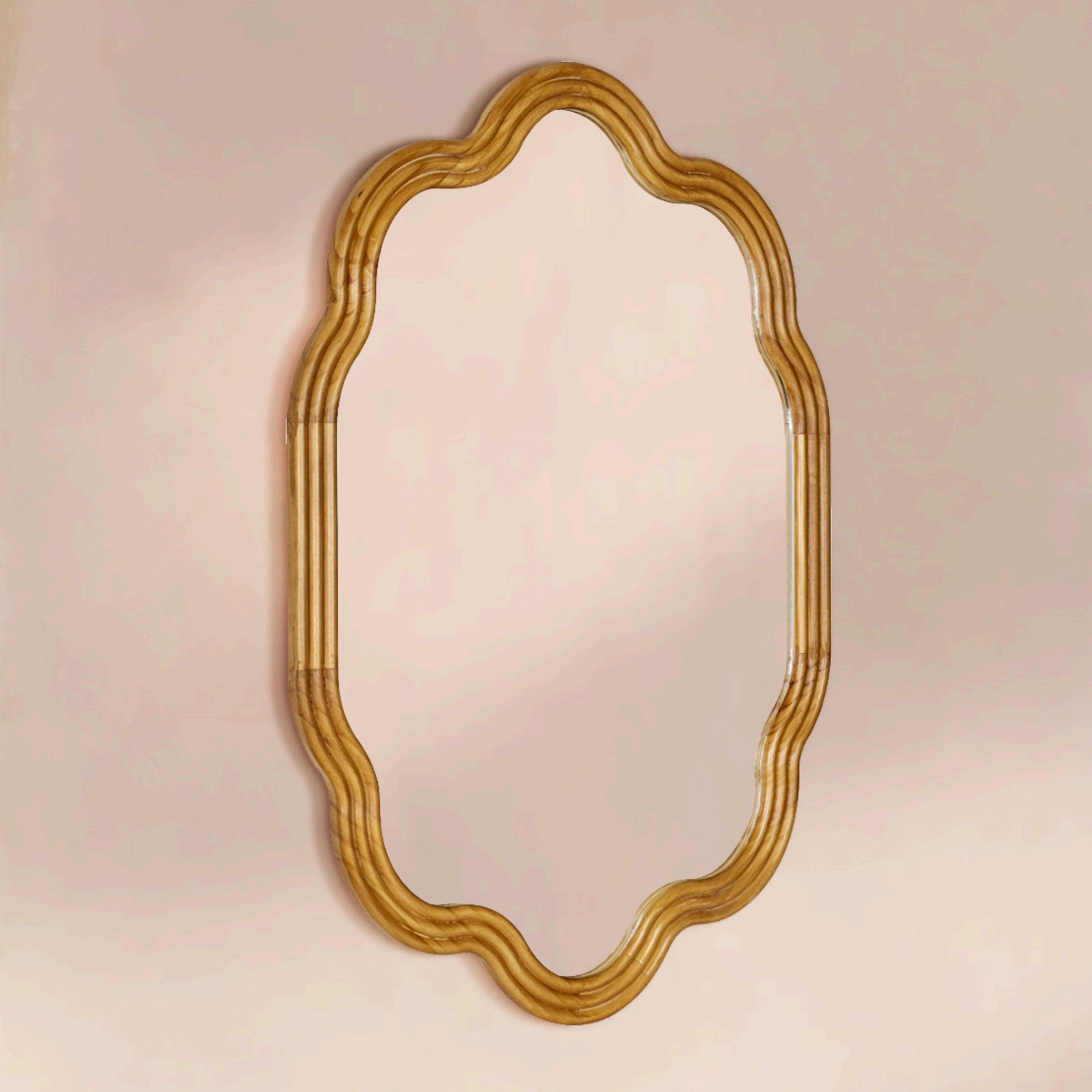 TEHOME 24''x36'' Irregular Wood Framed Mirror with Scalloped and Curvy Corners, Asymmetrical Natural Wood Bathroom Wall Mirror, Vertical/Horizontal Hanging