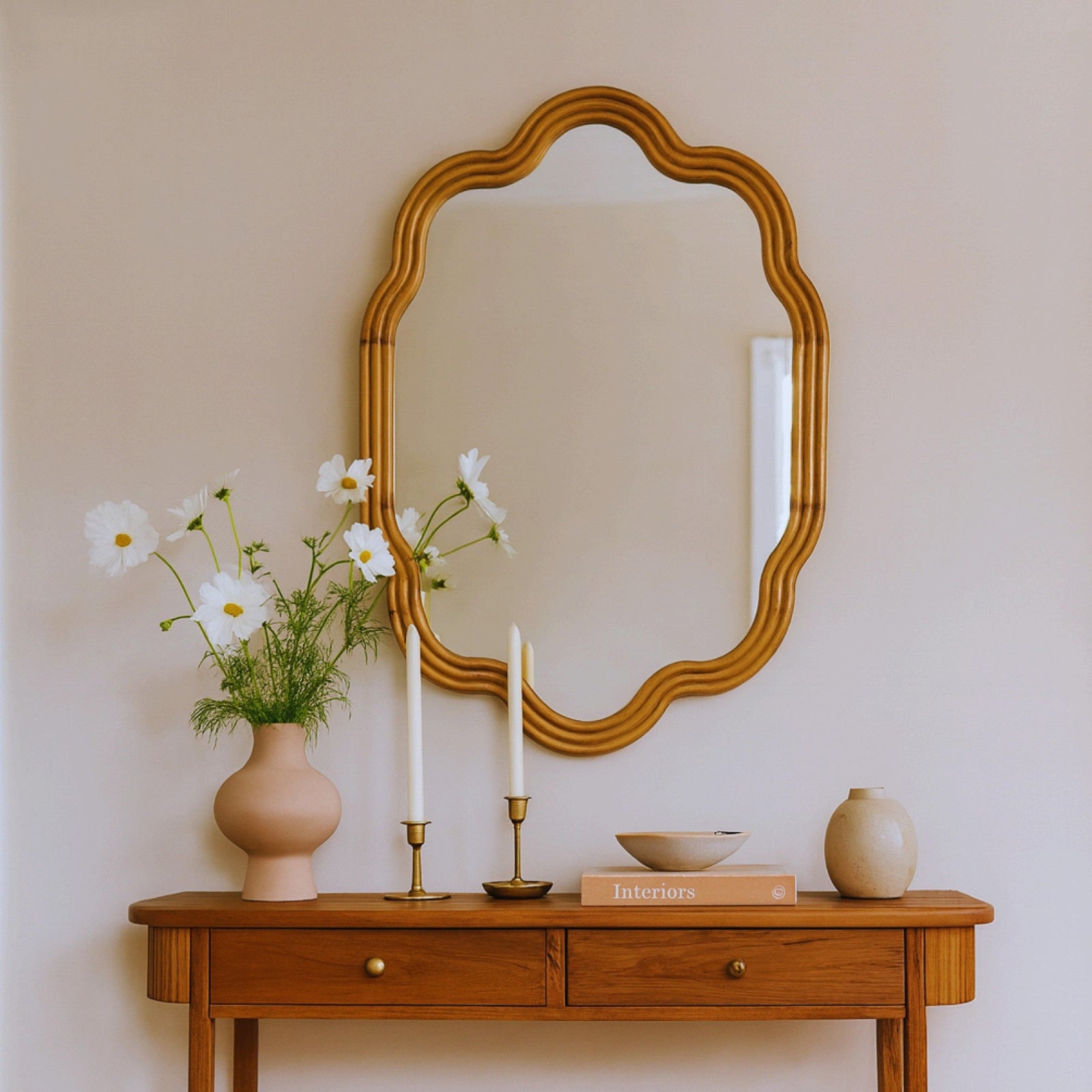 TEHOME 24''x36'' Irregular Wood Framed Mirror with Scalloped and Curvy Corners, Asymmetrical Natural Wood Bathroom Wall Mirror, Vertical/Horizontal Hanging