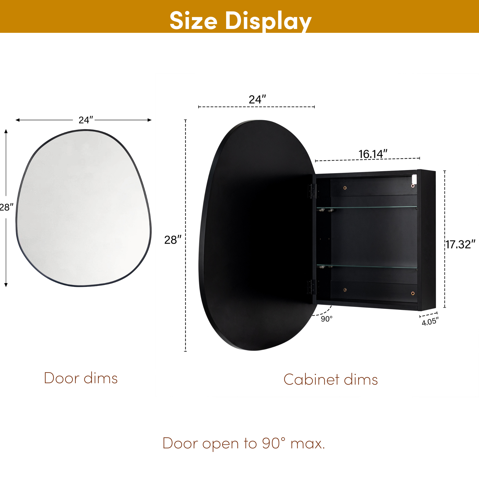 TEHOME Surface Mount Black Bathroom Medicine Cabinet with Mirror, Wall Mounted Irregular Asymmetrical Silvered Glass Mirror with Adjustable Tempered Glass Shelves, Fully Assembled