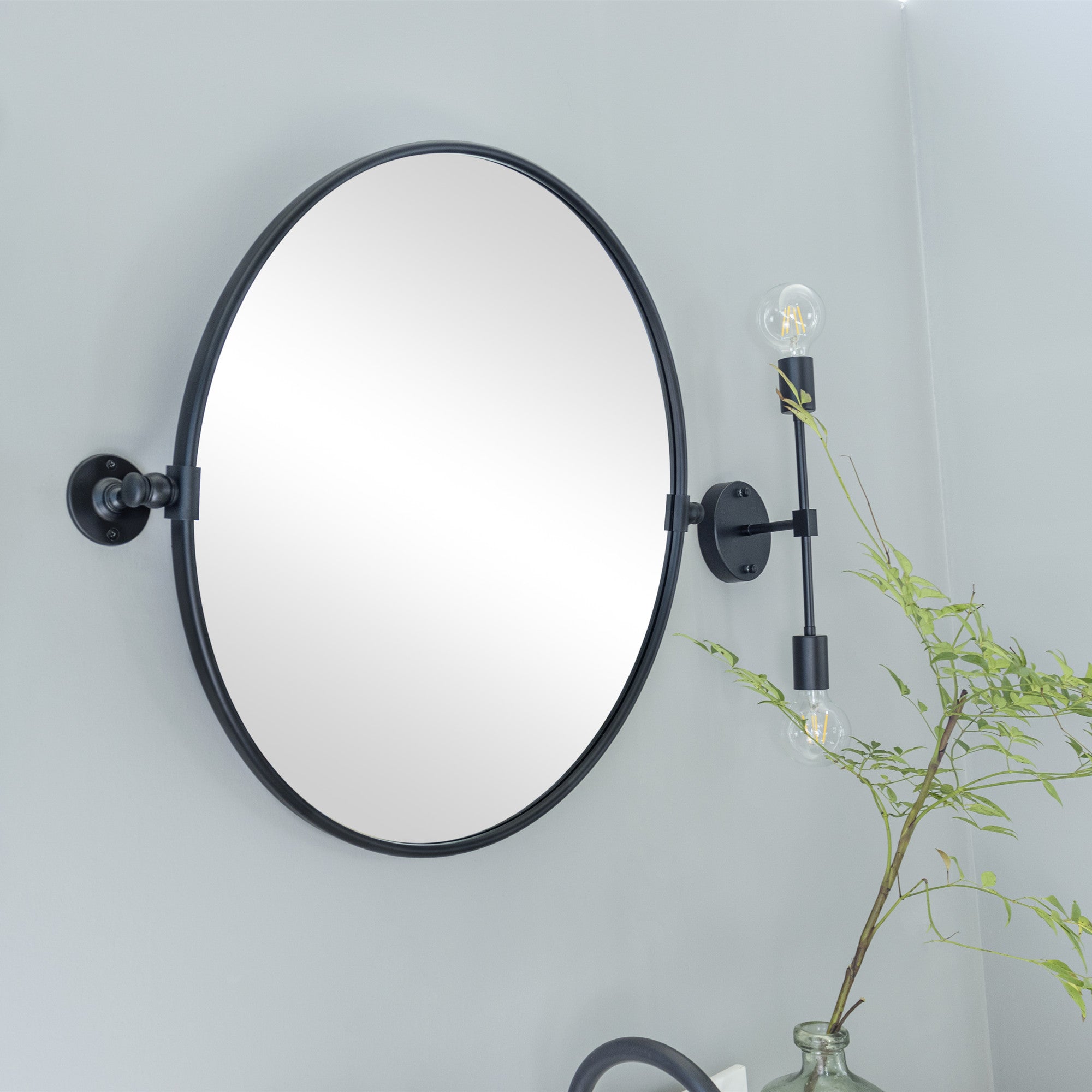 Round Stainless Steel Framed Pivoting Wall Mounted Bathroom Vanity Mirror