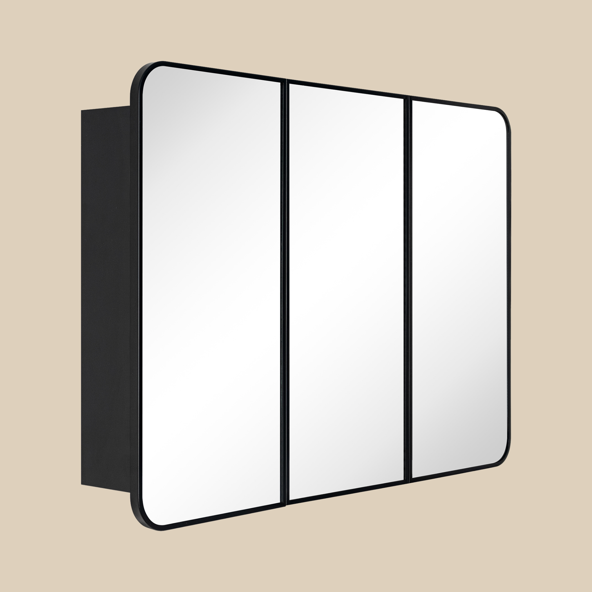 TEHOME Triple Door Bathroom Medicine Cabinet with Mirror,  Black Metal Frame, Soft Close, Adjustable Glass Shelves, Surface & Recessed Wall Mounted, Fully Assembled