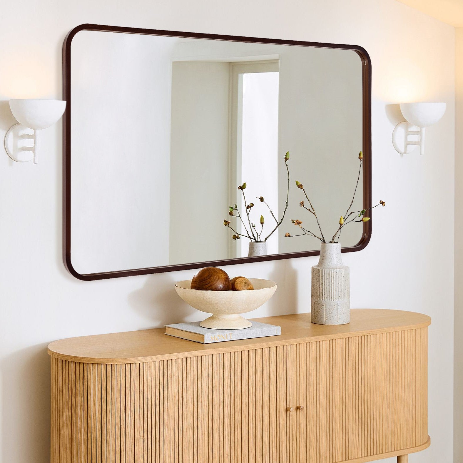 Rectangular Wood Framed Wall Mounted Bathroom Vanity Mirror