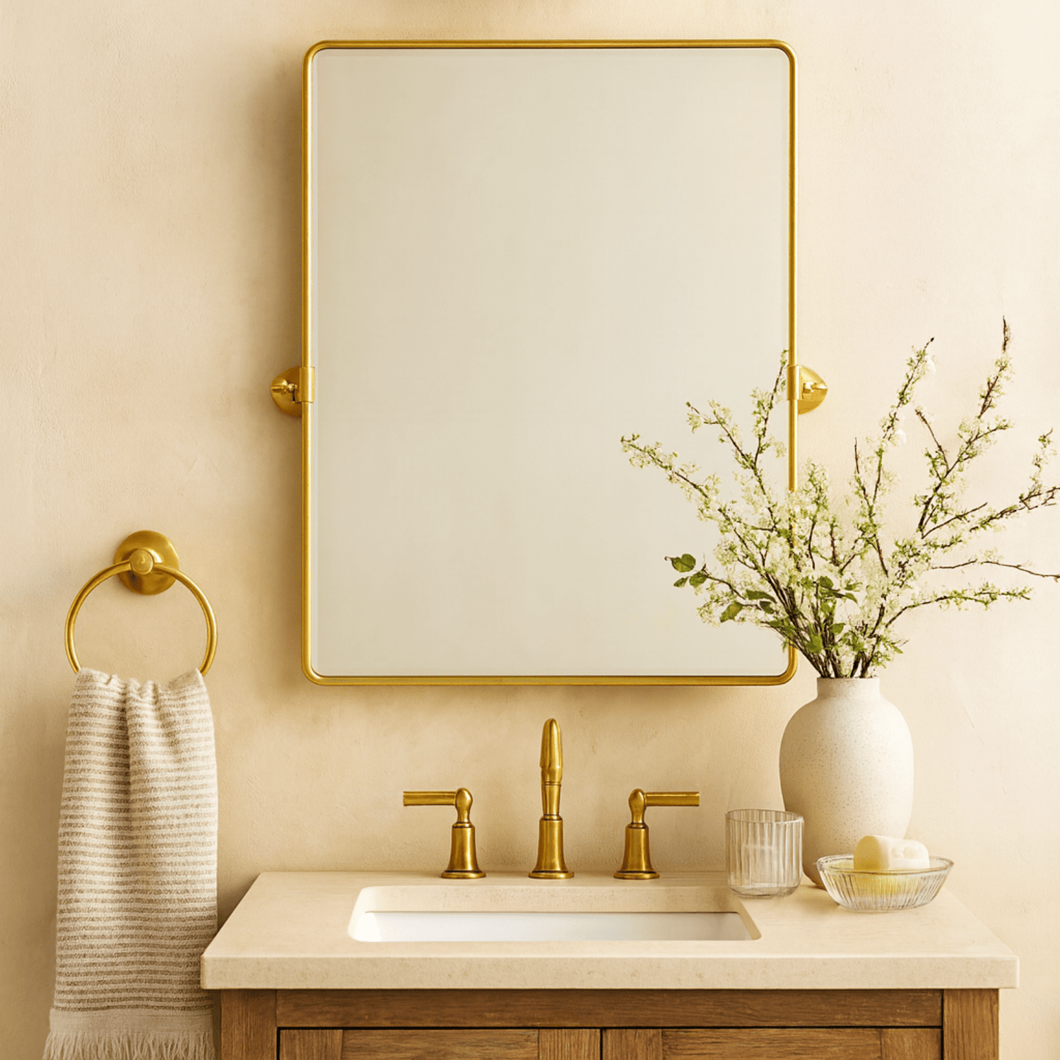 Woodvale Farmhouse Rectangle Bathroom Pivot Mirrors GC-00159 Brushed Gold 19x24" TEHOME