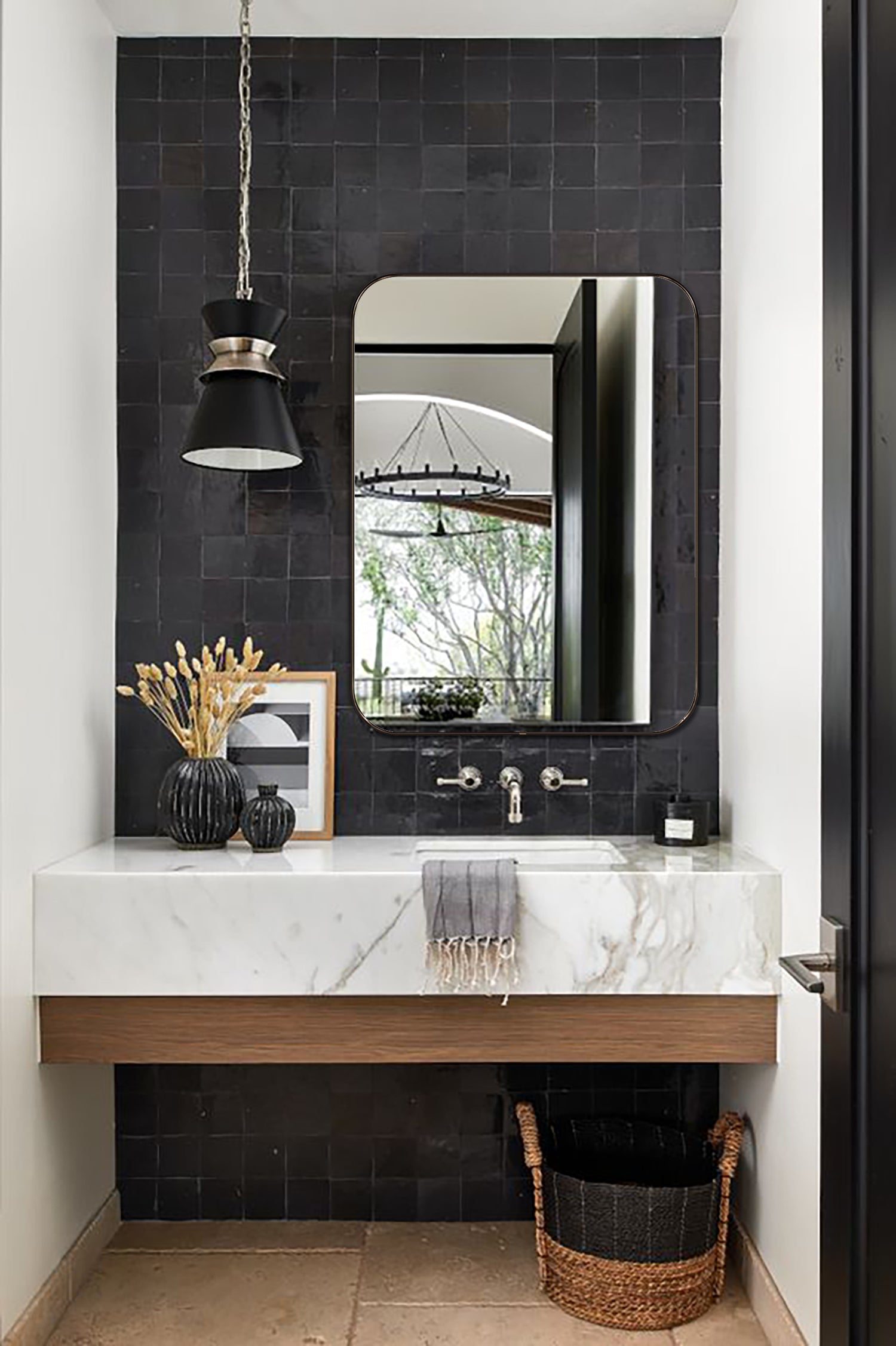 Rounded Rectangular Framed Wall Mounted Bathroom Vanity Mirror