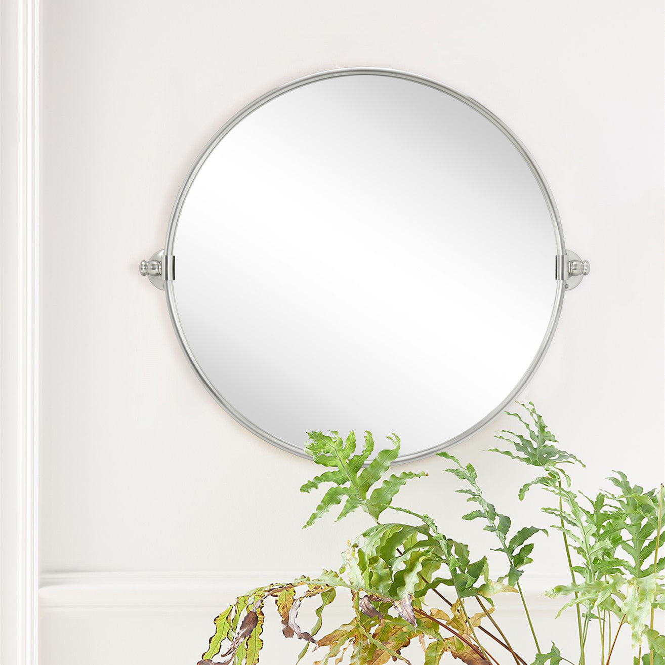 Round Stainless Steel Framed Pivoting Wall Mounted Bathroom Vanity Mirror