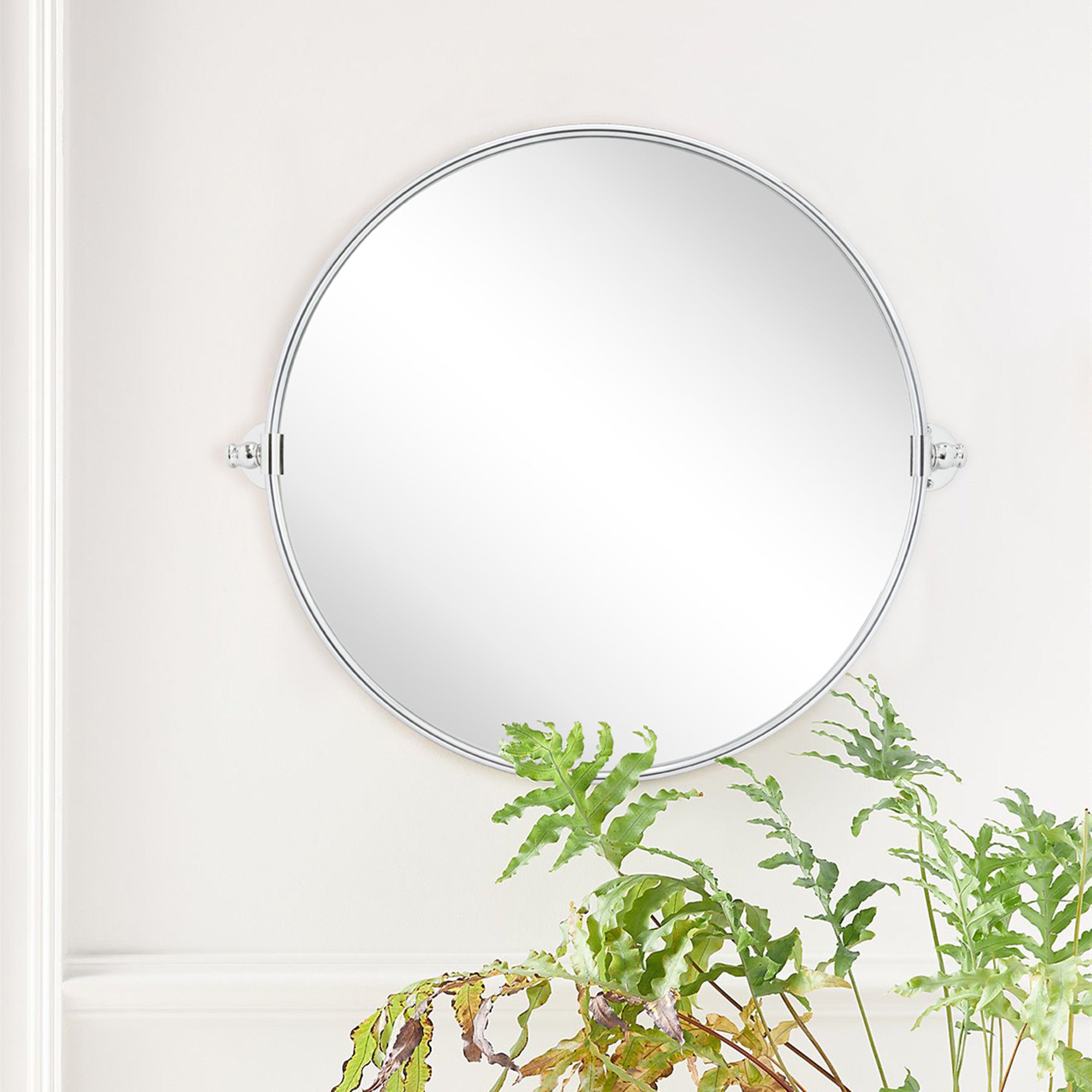 Round Stainless Steel Framed Pivoting Wall Mounted Bathroom Vanity Mirror