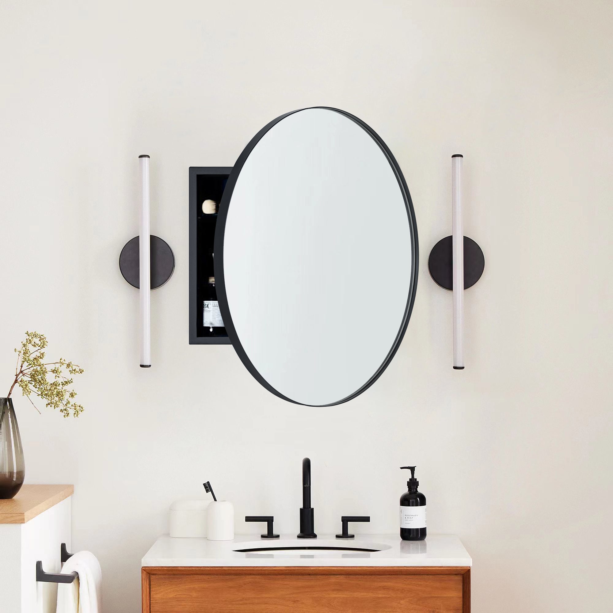 Surface Mount Round Metal Framed Bathroom Medicine Cabinet with Mirror