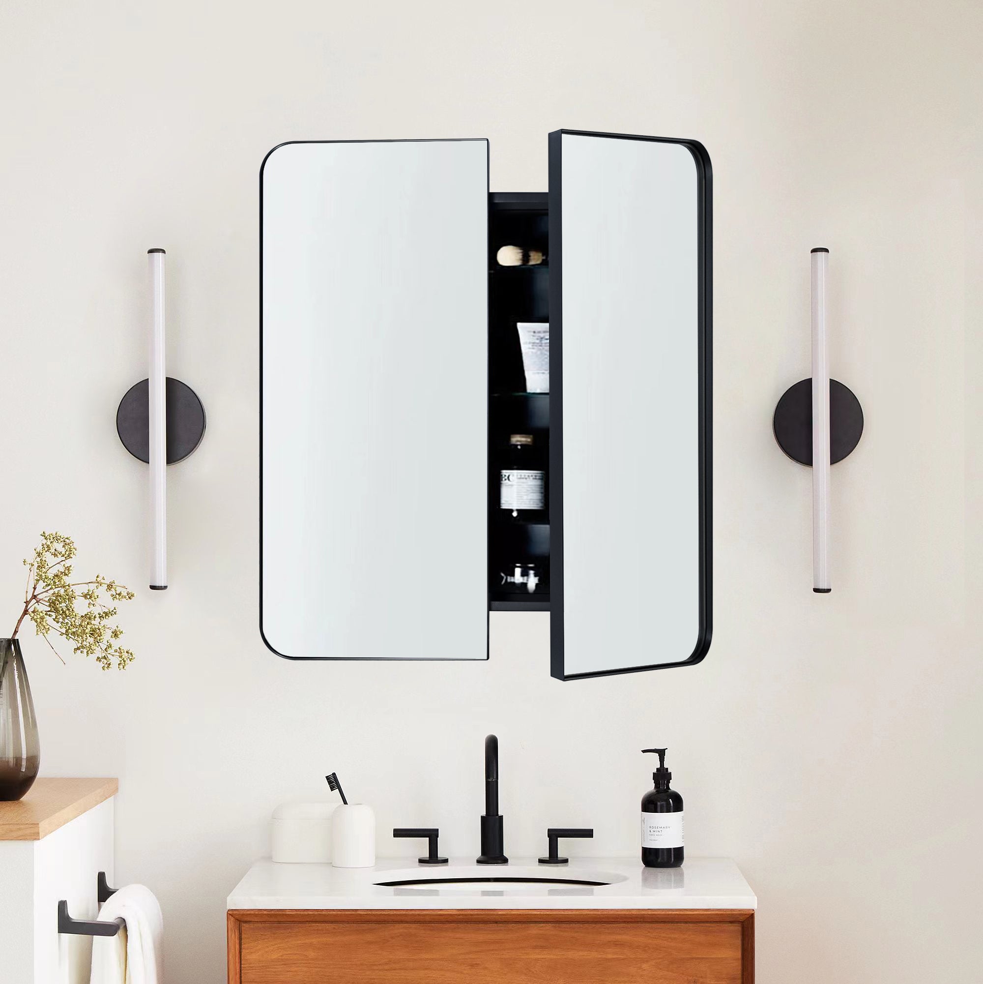 Double Door Rectangular Metal Framed Rounded Bathroom Medicine Cabinet with Mirror