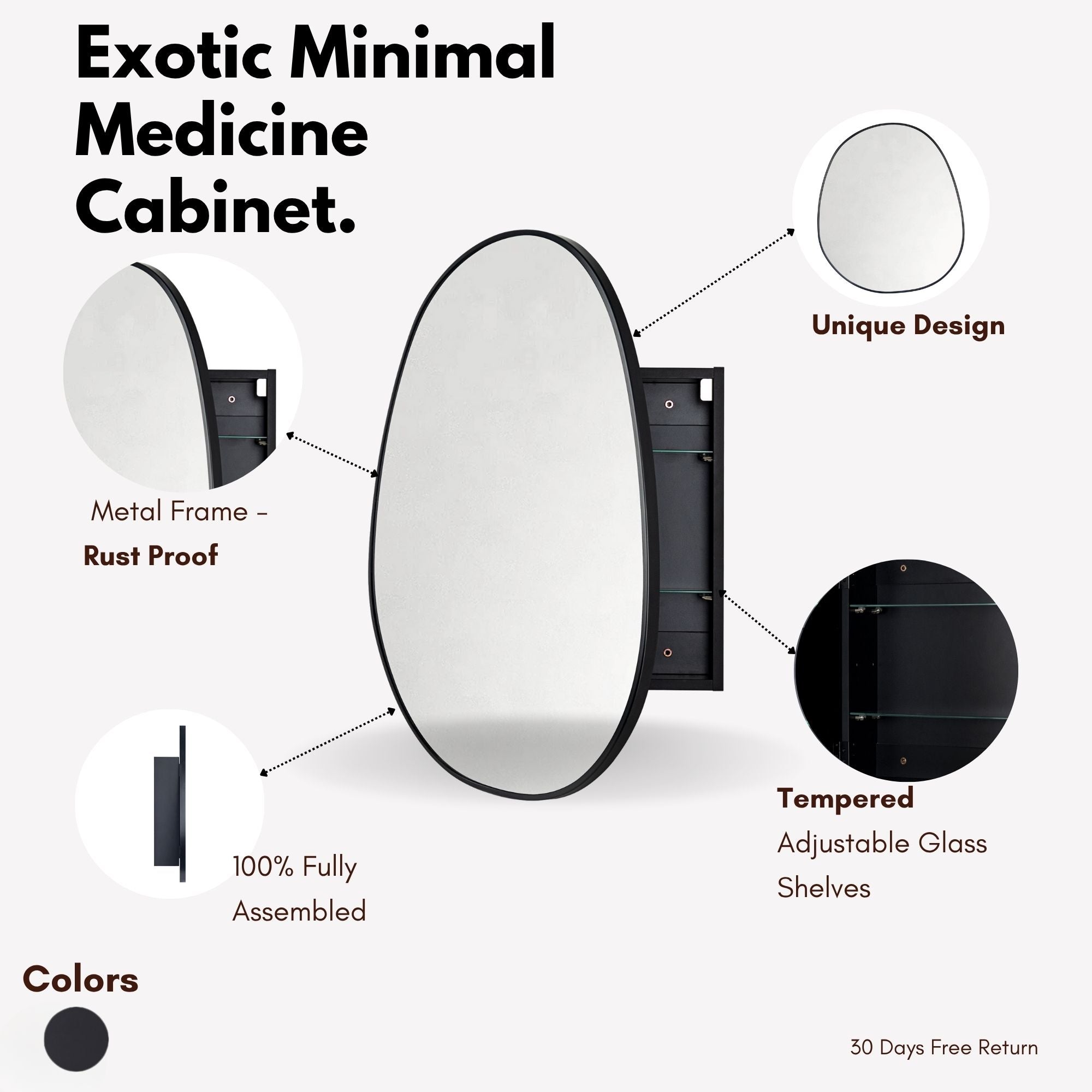 TEHOME Surface Mount Black Bathroom Medicine Cabinet with Mirror, Wall Mounted Irregular Asymmetrical Silvered Glass Mirror with Adjustable Tempered Glass Shelves, Fully Assembled