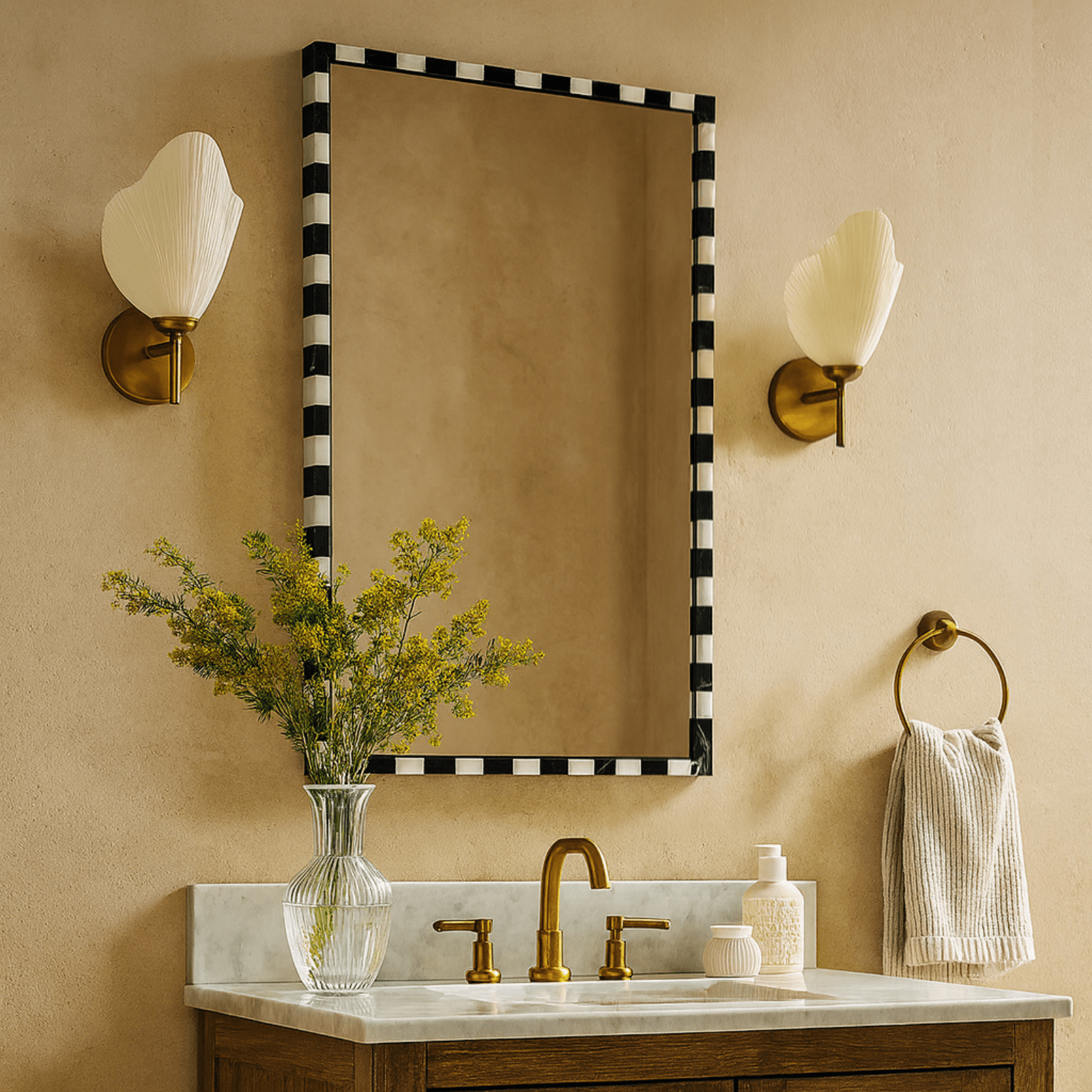 livra Vintage Rectangle Mirrors, Natural Marble Framed Wall Mirrors, 20x30" in Black and White GC-JL0003 TEHOME