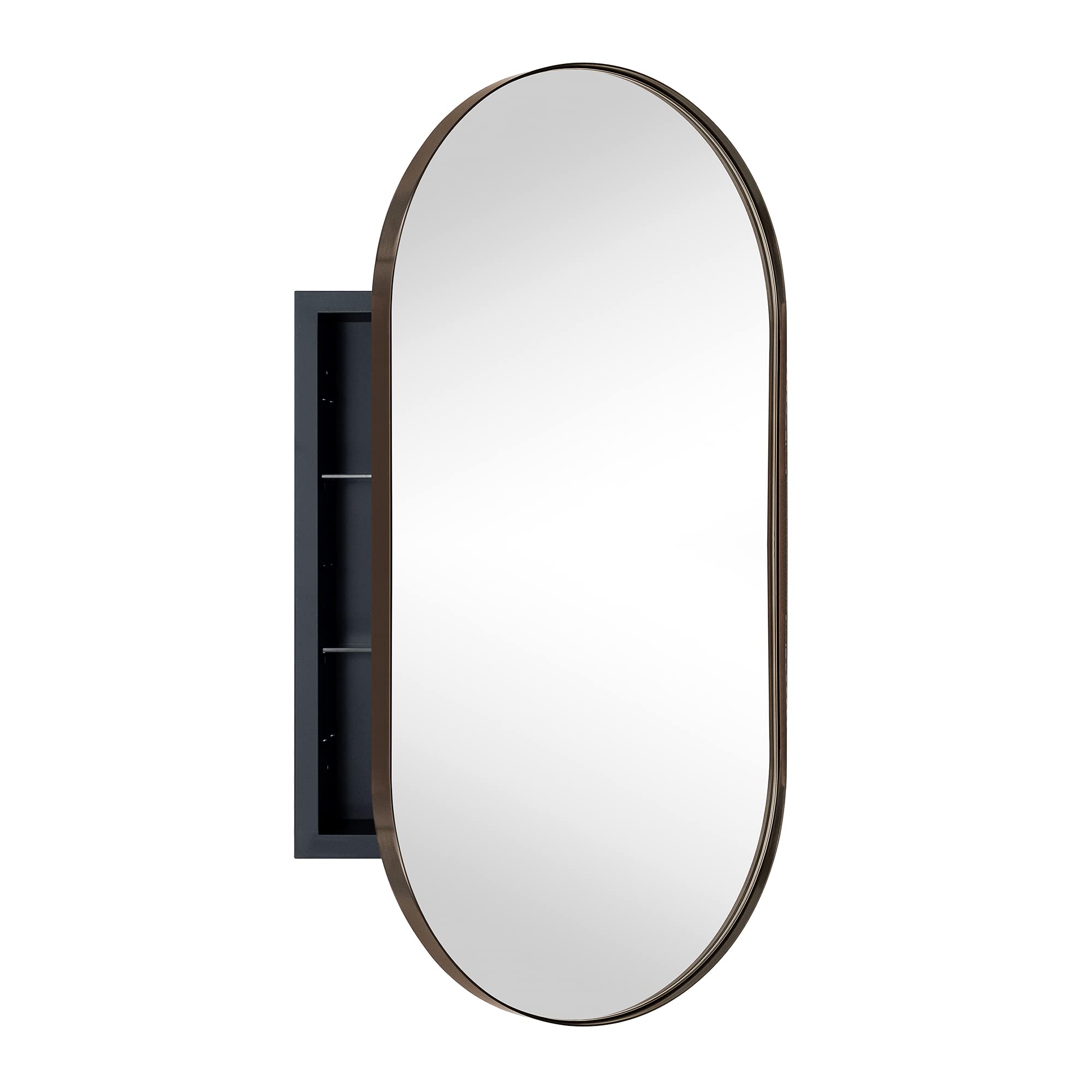 Oval Pill Shape Metal Framed Recessed Medicine Cabinet with Mirror