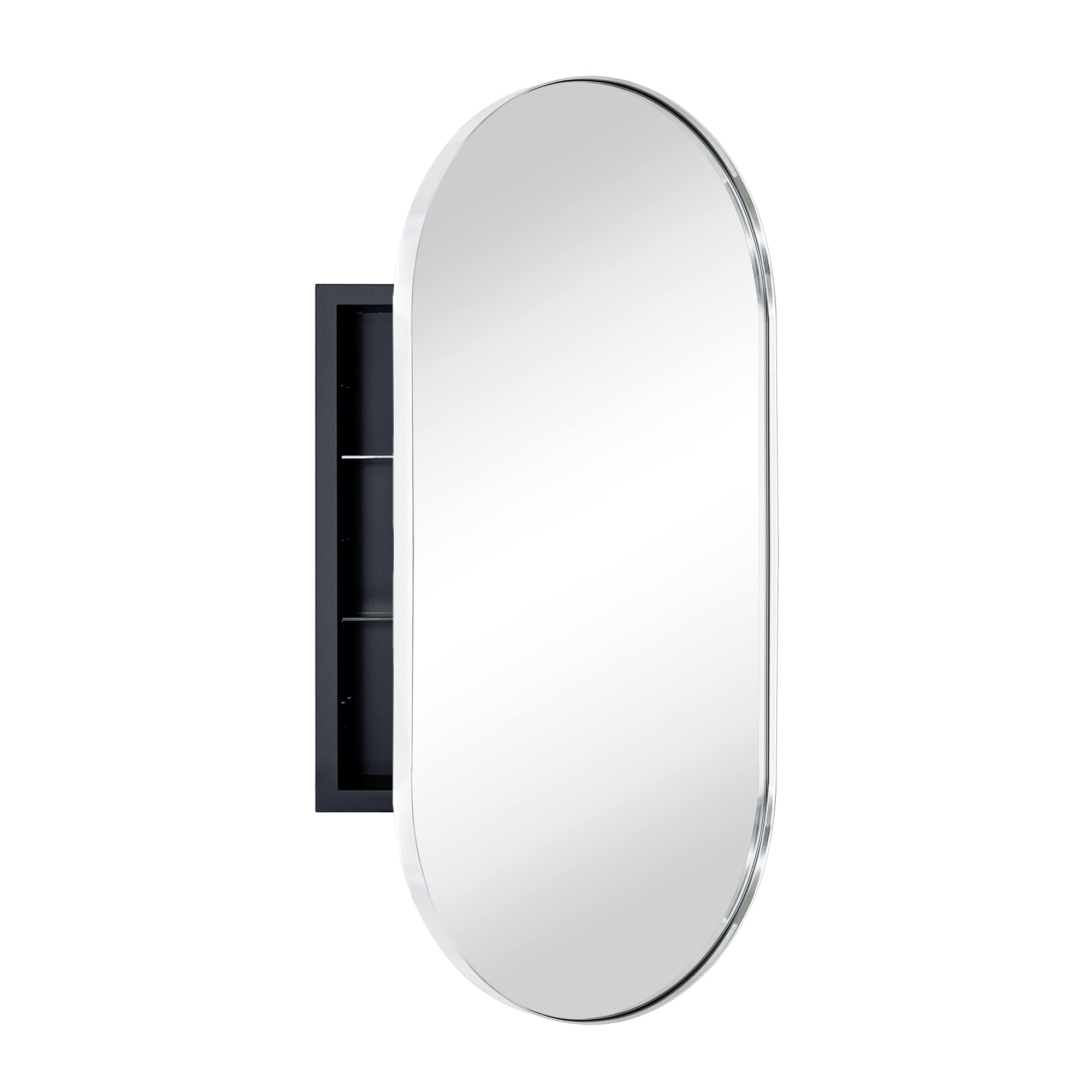 Oval Pill Shape Metal Framed Recessed Medicine Cabinet with Mirror